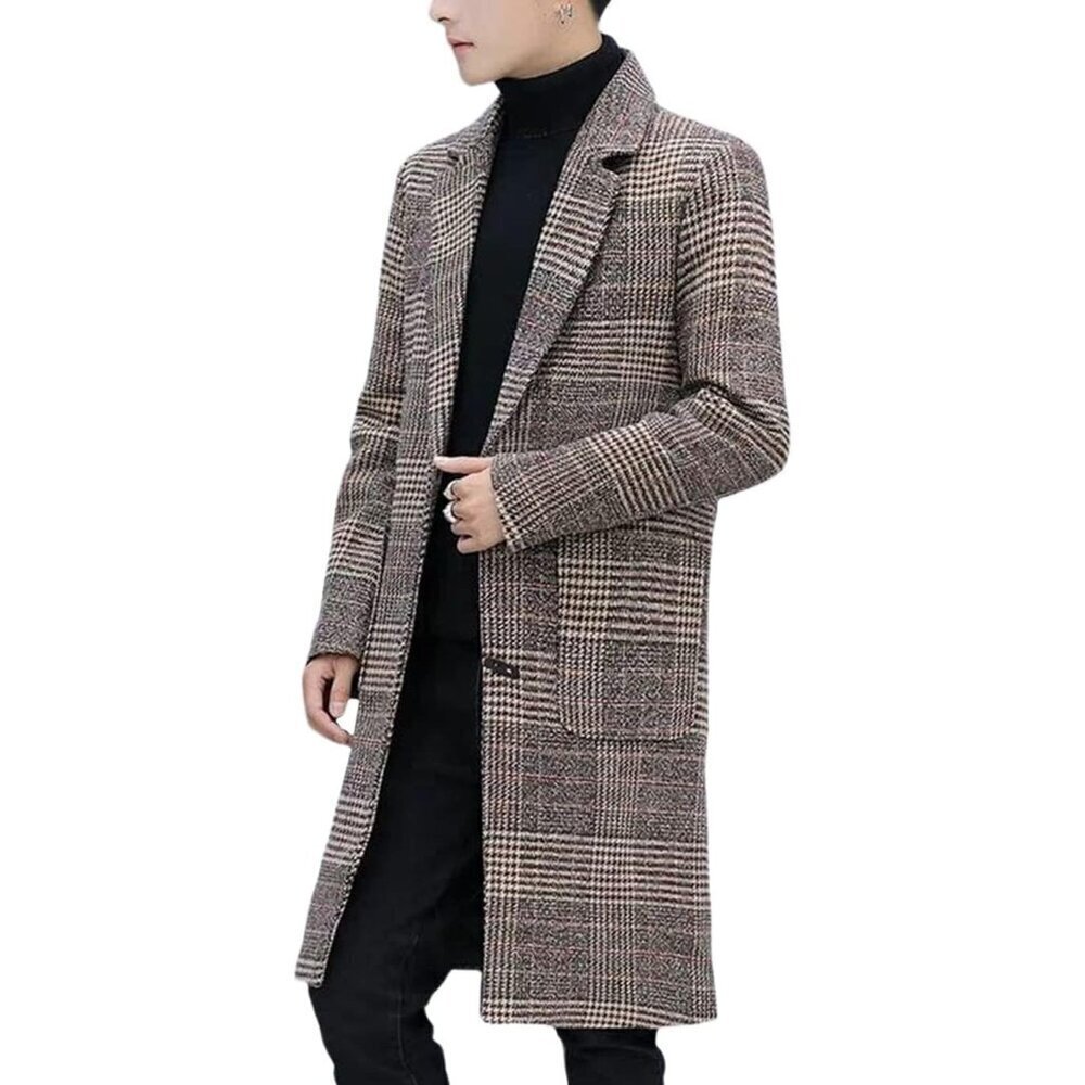 🆕Men's Khaki Wool Blend Pea Coat Notched Collar Breasted Winter Trench Coat